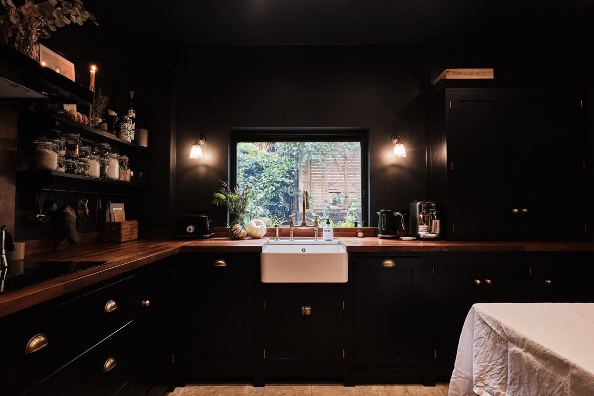 A London Warehouse Conversion with a Black deVOL Kitchen 9 kitchen with black cabinets and walls