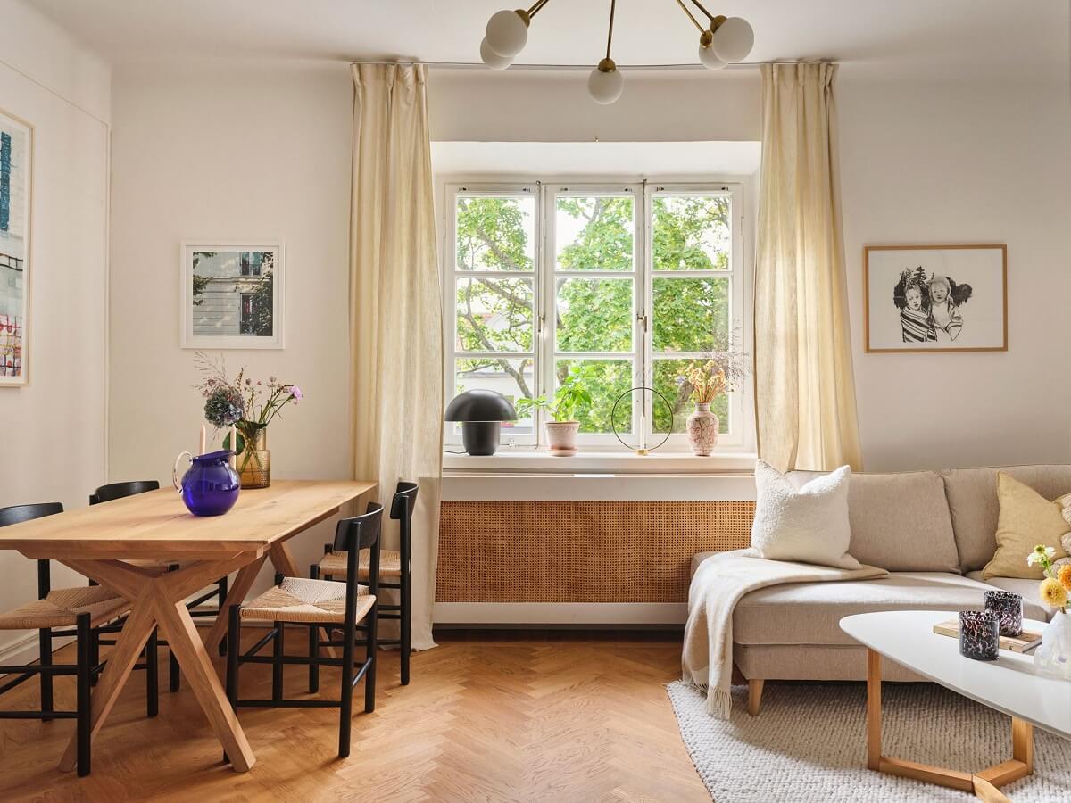 A Light Corner Apartment with a Pink Bedroom 1 light scandi living room wth pale yellow accents