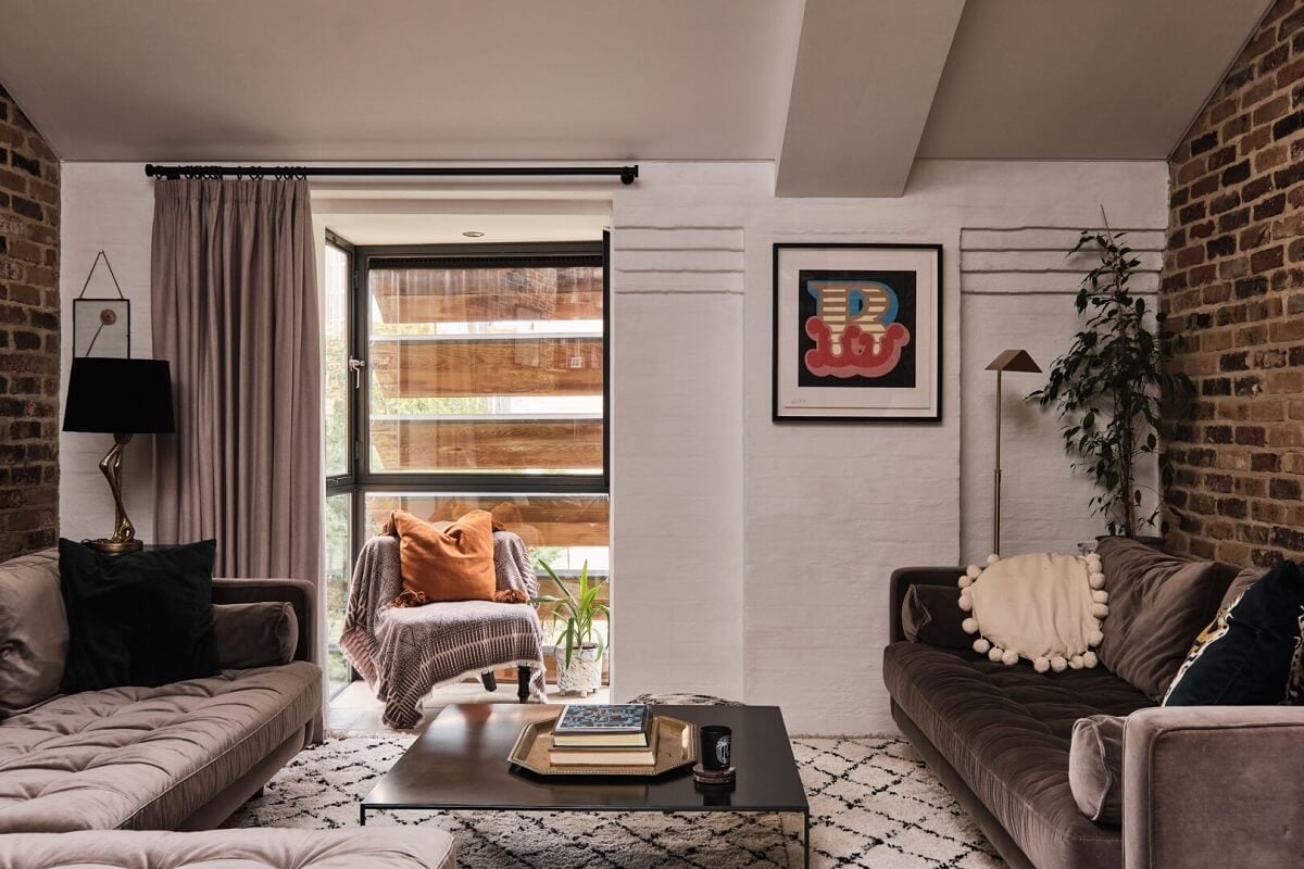 A London Warehouse Conversion with a Black deVOL Kitchen 6 living room with brick walls