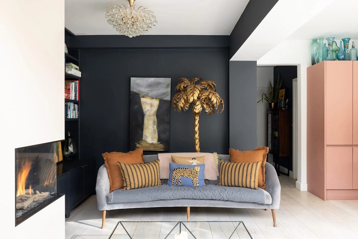 A Modern Apartment with Skylights in a Historic Building 10 living room with dark gray accent wall