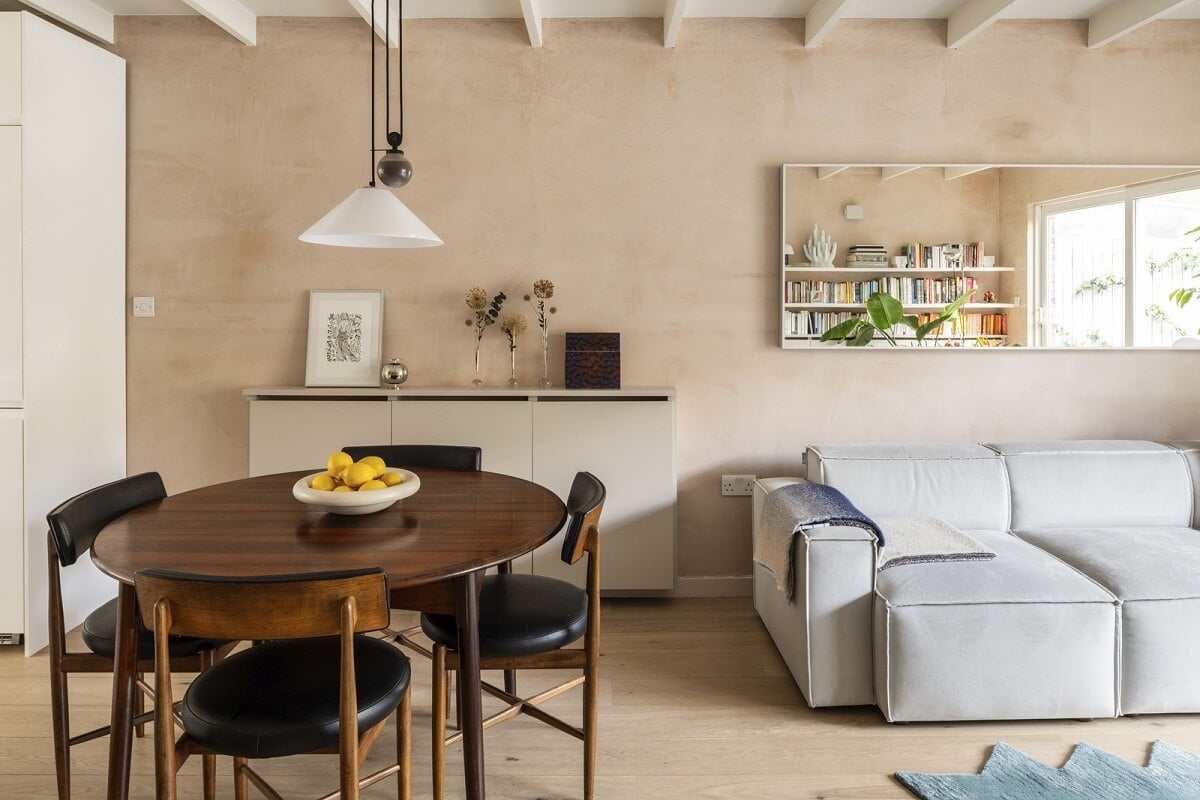 A Modern London Home with Plaster Walls 6 living room with round wooden table