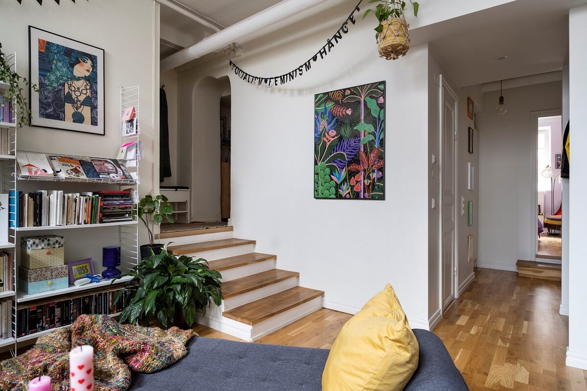 A Basement Family Apartment with Colorful Furniture and Decor 7 loft style split level living space