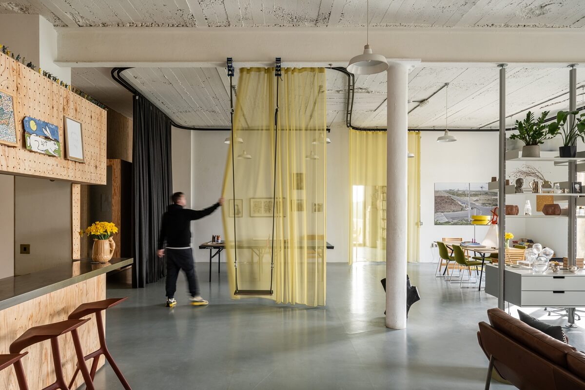 An Industrial English Loft with Yellow Color Pops 6 loft with sheer yellow curtains