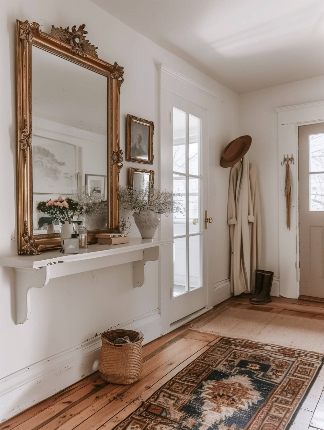 Stylish Small Entryway Ideas with Smart Storage Solutions 18 modern farmstyle hallway with gilded mirror and floating shelf nordroom