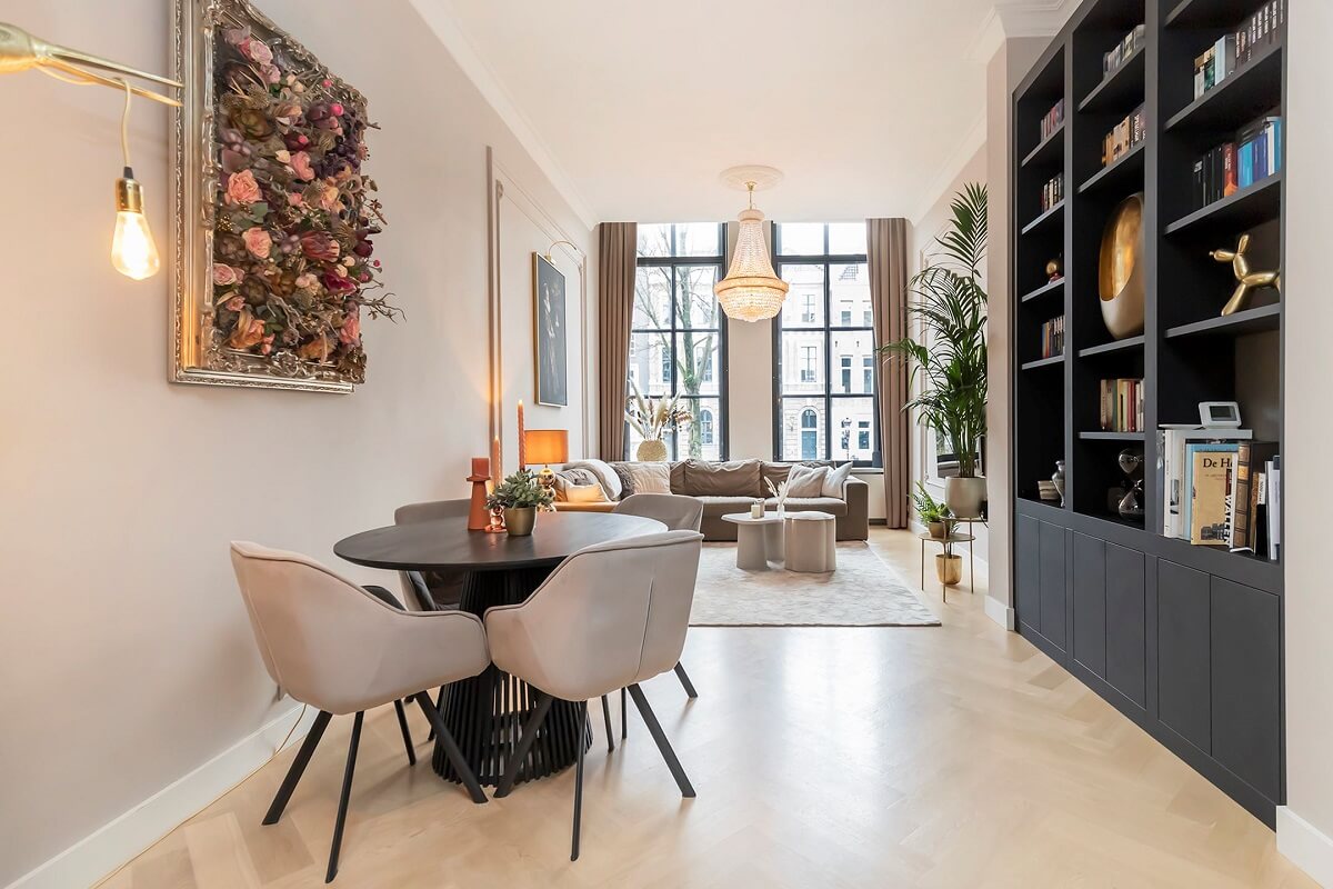 A Renovated Canal House with a Separate Pink Studio Apartment 1 modern living room with built in cabinets