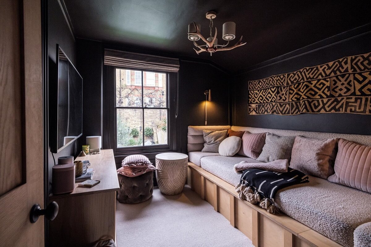 A London House Decorated in Gray and Beige Tones 17 moody snug with custom sofa