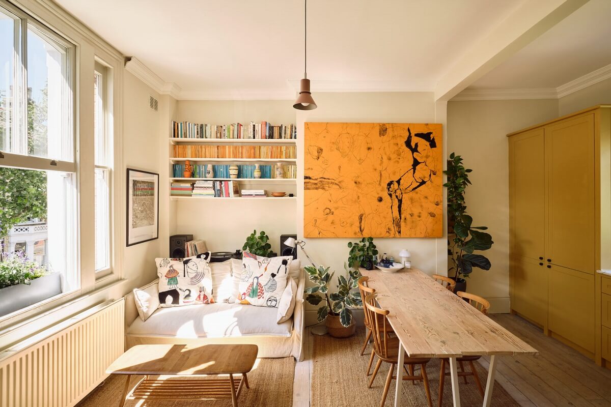 A Light London Apartment with a Yellow Kitchen 2 open plan living room and kitchen