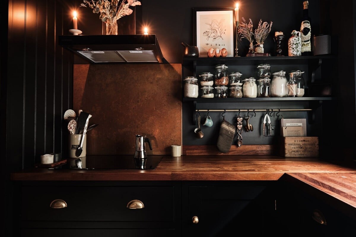 A London Warehouse Conversion with a Black deVOL Kitchen 12 open shelves and black devol cupboards
