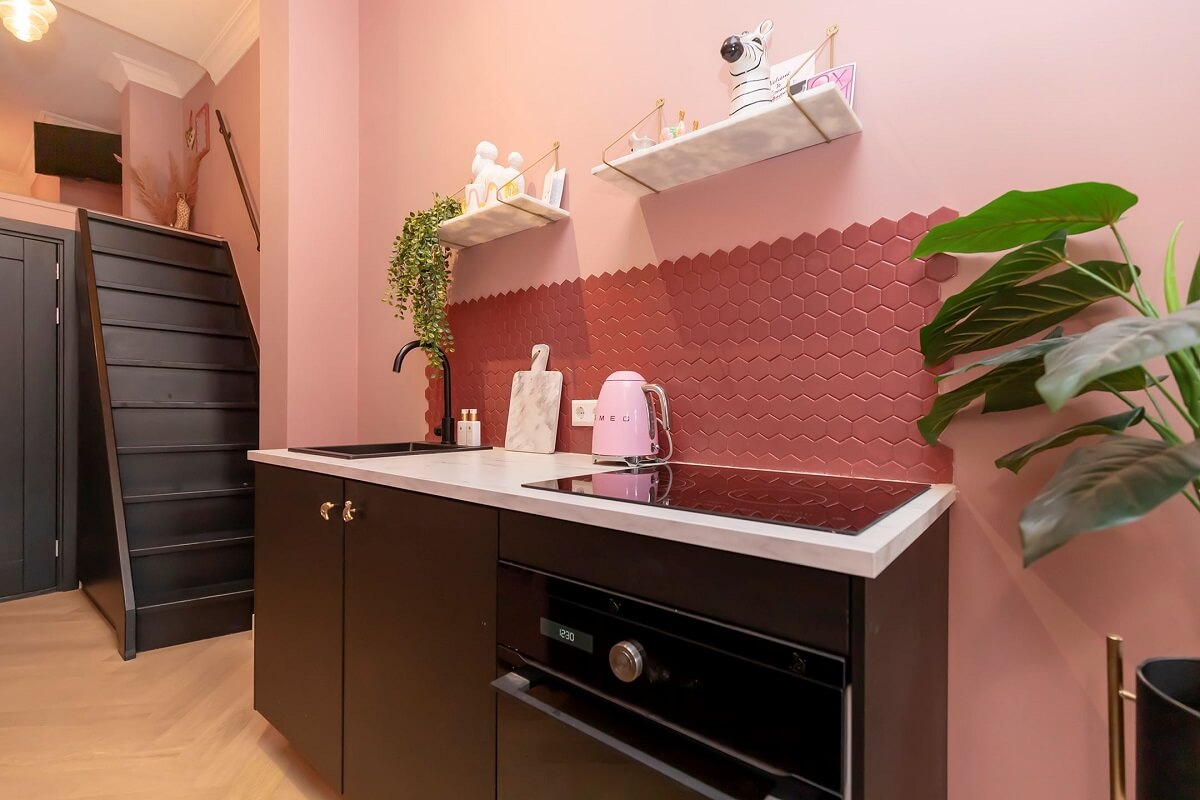 A Renovated Canal House with a Separate Pink Studio Apartment 24 pink studio apartment with black kitchen cabinets