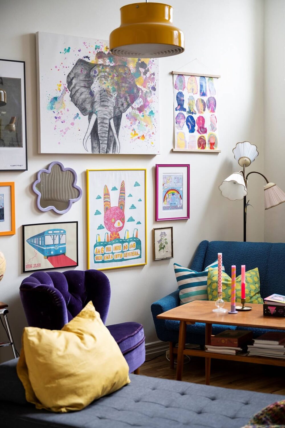 A Basement Family Apartment with Colorful Furniture and Decor 2 purple chair in loft style living room