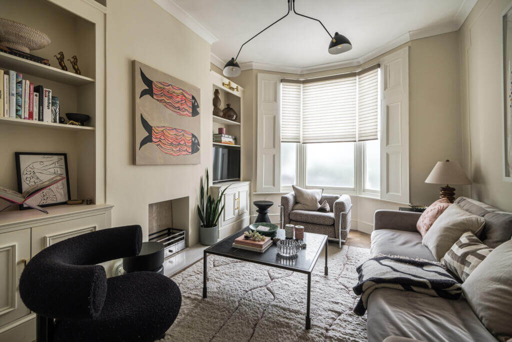 A London House Decorated in Gray and Beige Tones 2 serene gray living room with bay window
