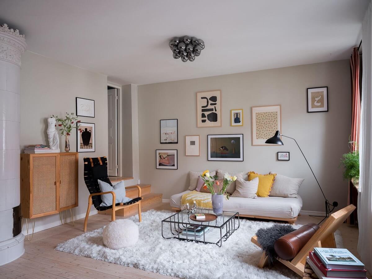 A Beautiful Color Palette in a Scandinavian Family Apartment 18 serene living room with fireplace
