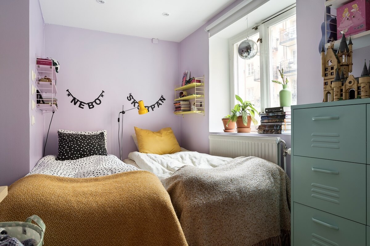 A Basement Family Apartment with Colorful Furniture and Decor 17 small double childrens bedroom with lavender walls nordroom