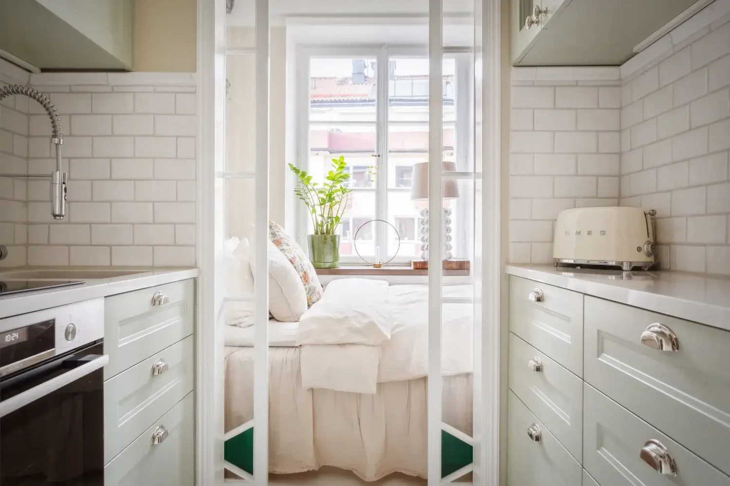 A Swedish Studio Apartment Decorated in a Classic Style 9 small galley kitchen with bedroom entrance A Swedish Studio Apartment Decorated in a Classic Style