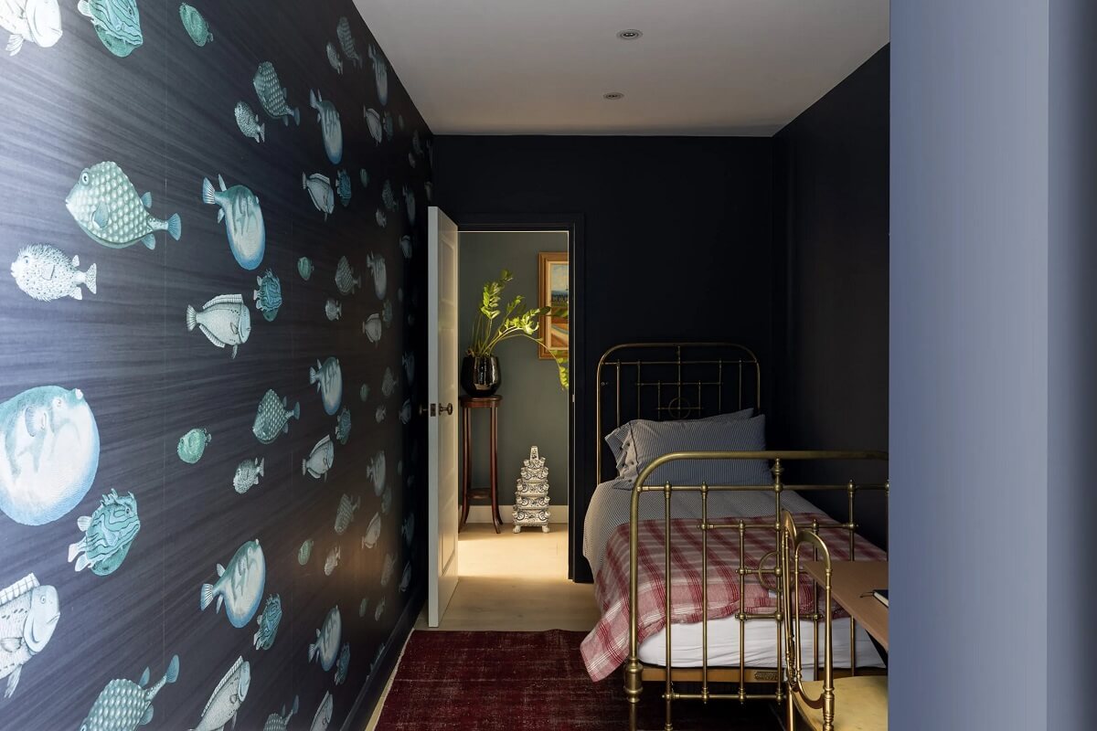 A Modern Apartment with Skylights in a Historic Building 15 small moody bedroom with wallpaper