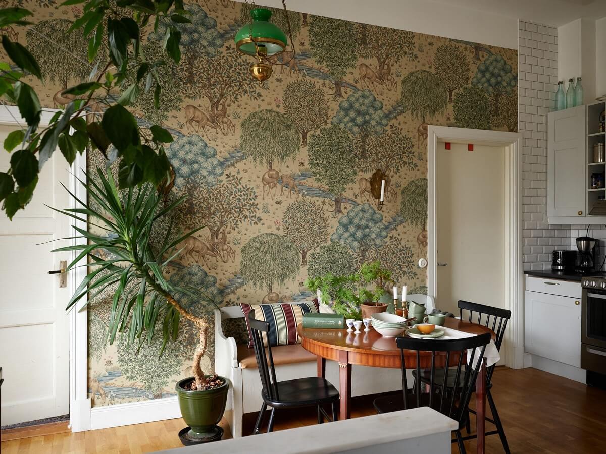 Floor-to-Ceiling Bookcases in a 1950s Swedish Home 9 the brook wallpaper william morris