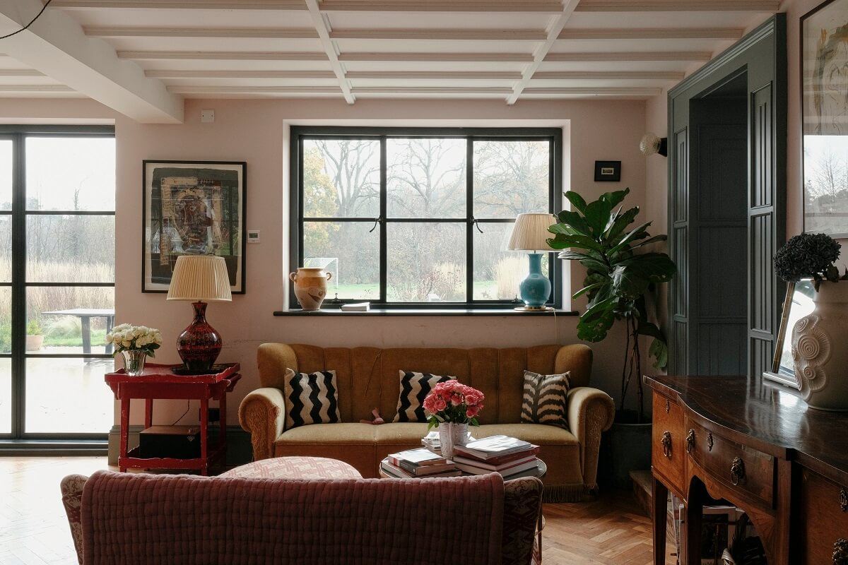 A Barn House with Vintage Decor and Exposed Beams 3 vintage style living room