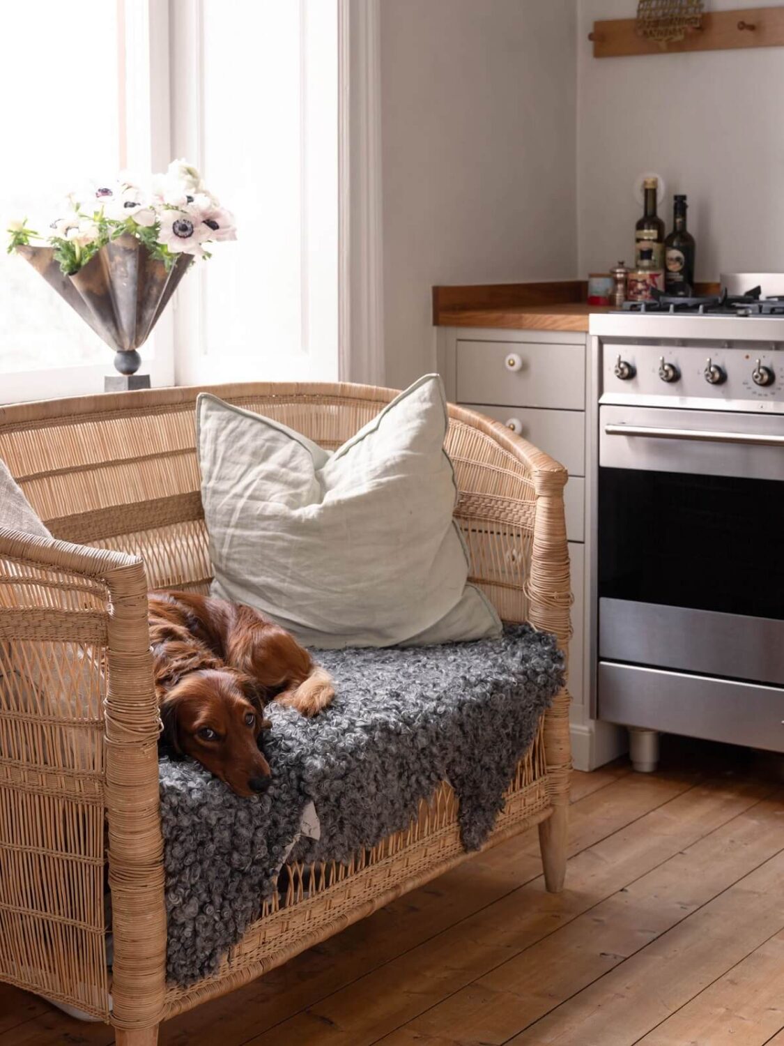 Elsa Billgren's Serene Stockholm Apartment is For Sale 11 wicker bench in kitchen