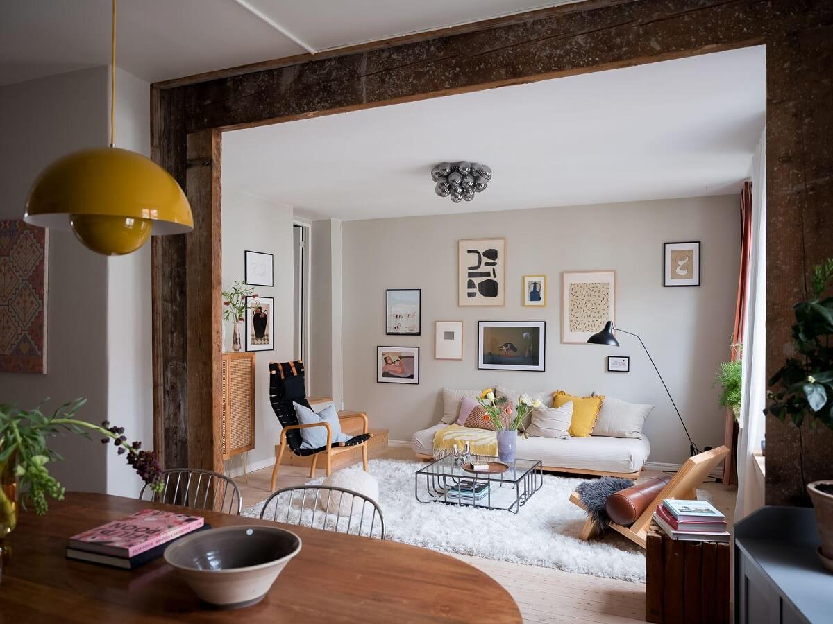 A Beautiful Color Palette in a Scandinavian Family Apartment 13 wooden beams living room