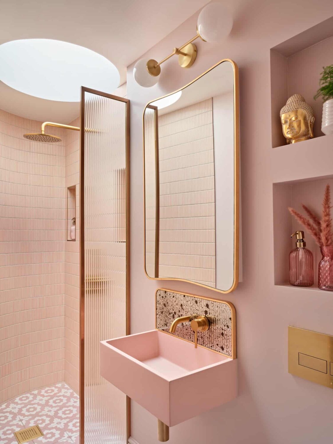 Best of 2024: Bathrooms 2 all pink bathroom with walk in shower pink sink and storage niches