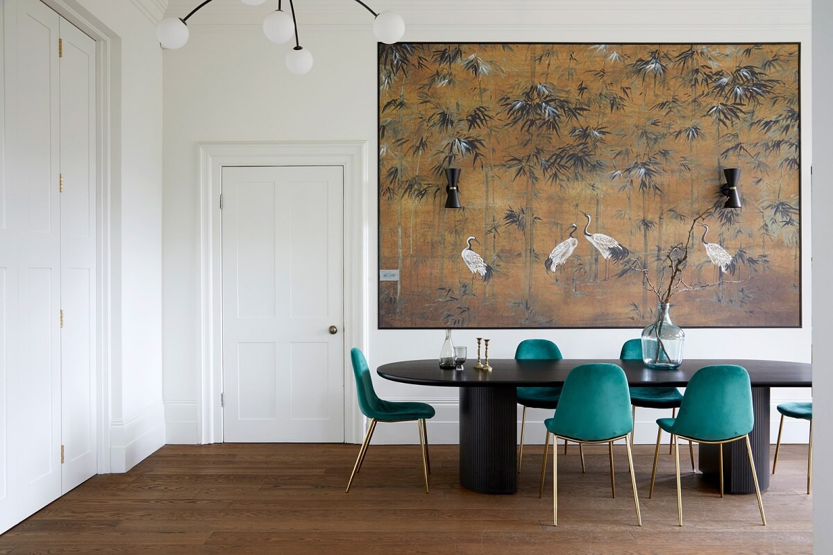 A Colorful London Family Home Renovated by Fraher & Finlay 13 black dining table with green chairs