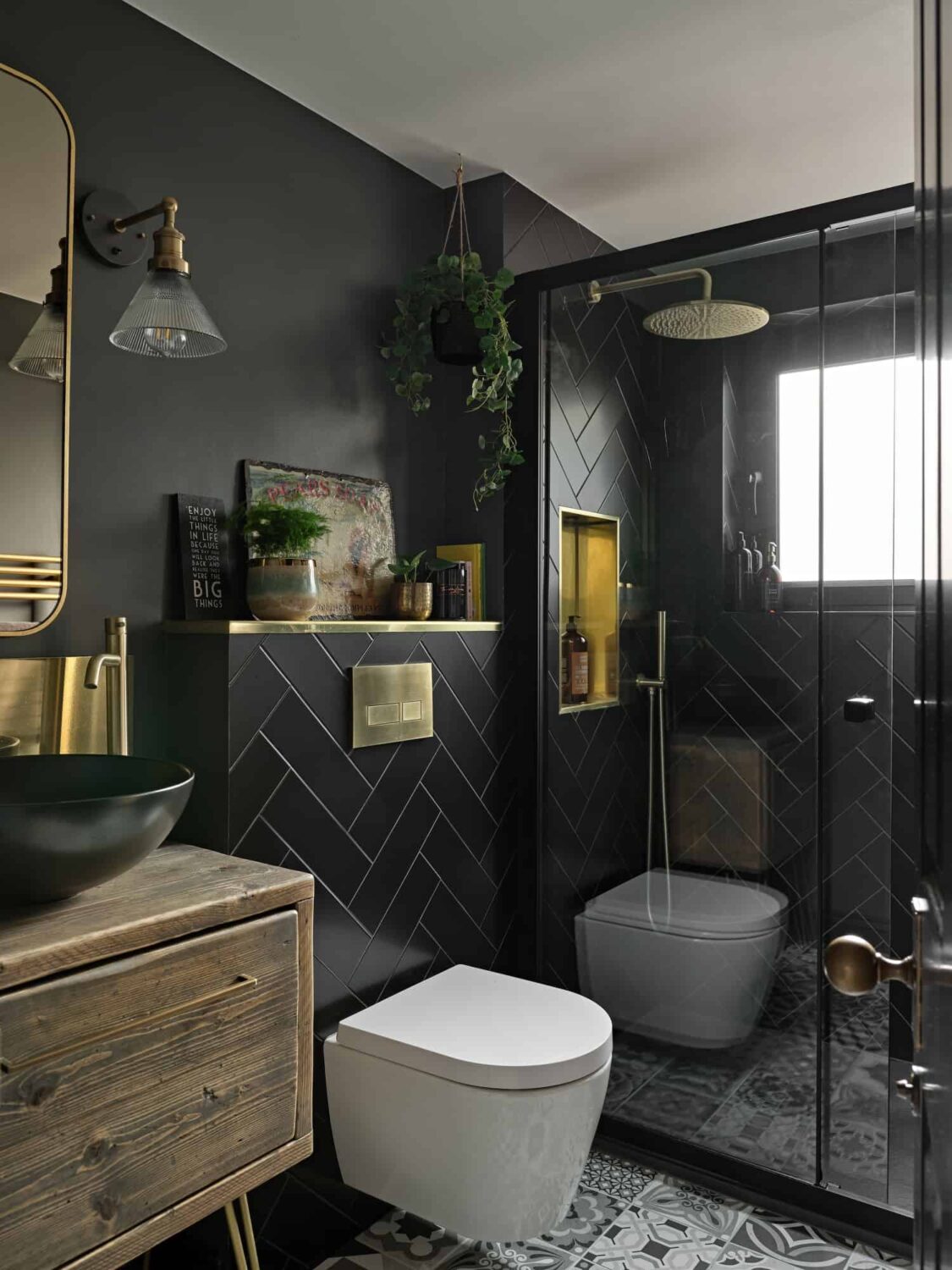 Best of 2024: Bathrooms 3 black bathroom with herringbone tiles