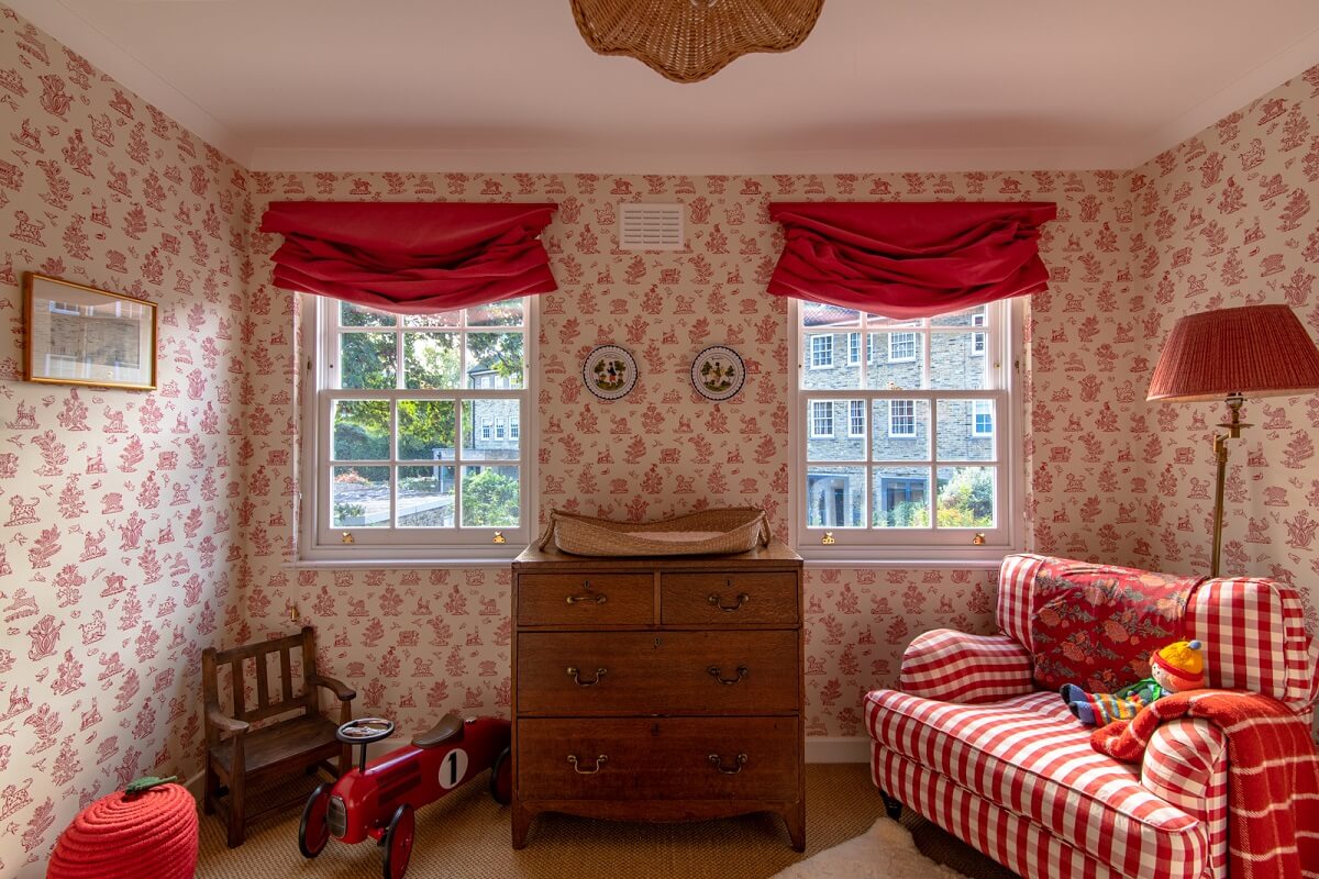 A Colorful Neo-Georgian House in London 17 children room with wallpaper