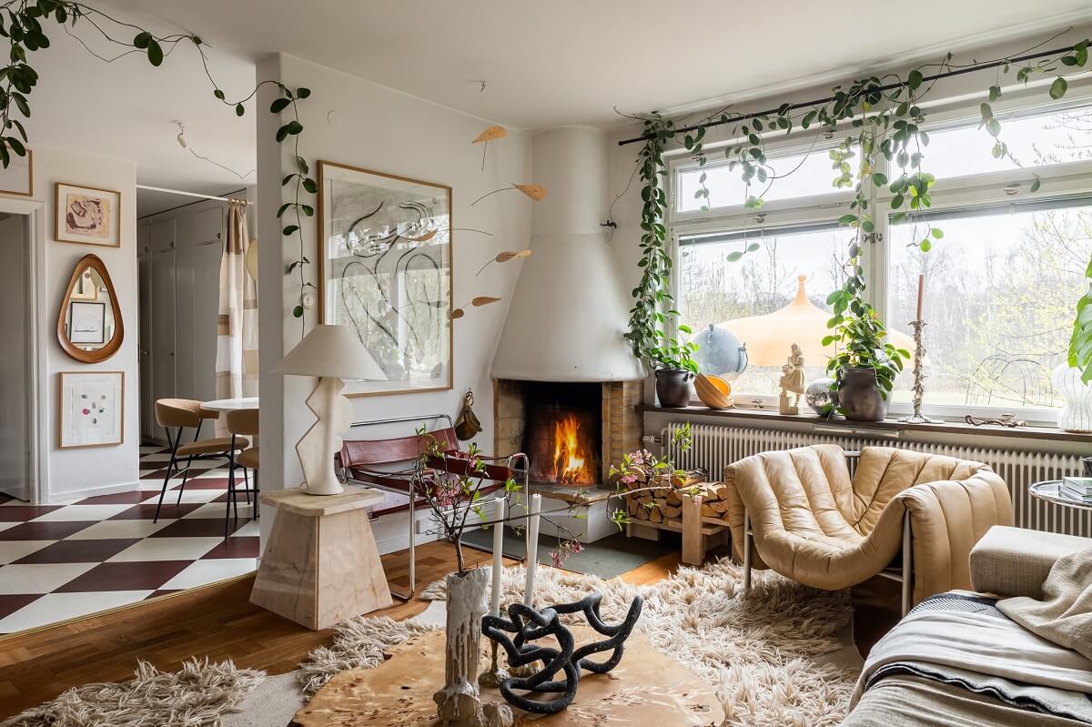 A Swedish Family House with Wall Murals and Art 2 cozy natural living room with fireplace