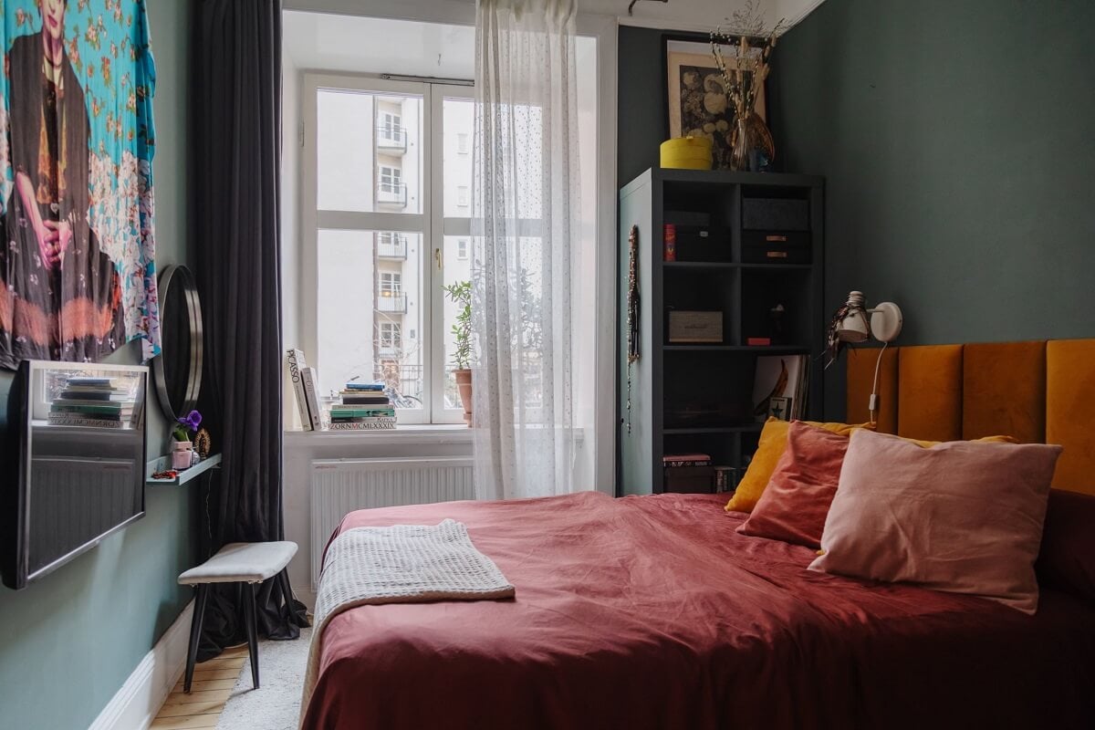 Period Details and Light Rooms in a Scandinavian Apartment 16 dark gray bedroom ochre yellow headboard