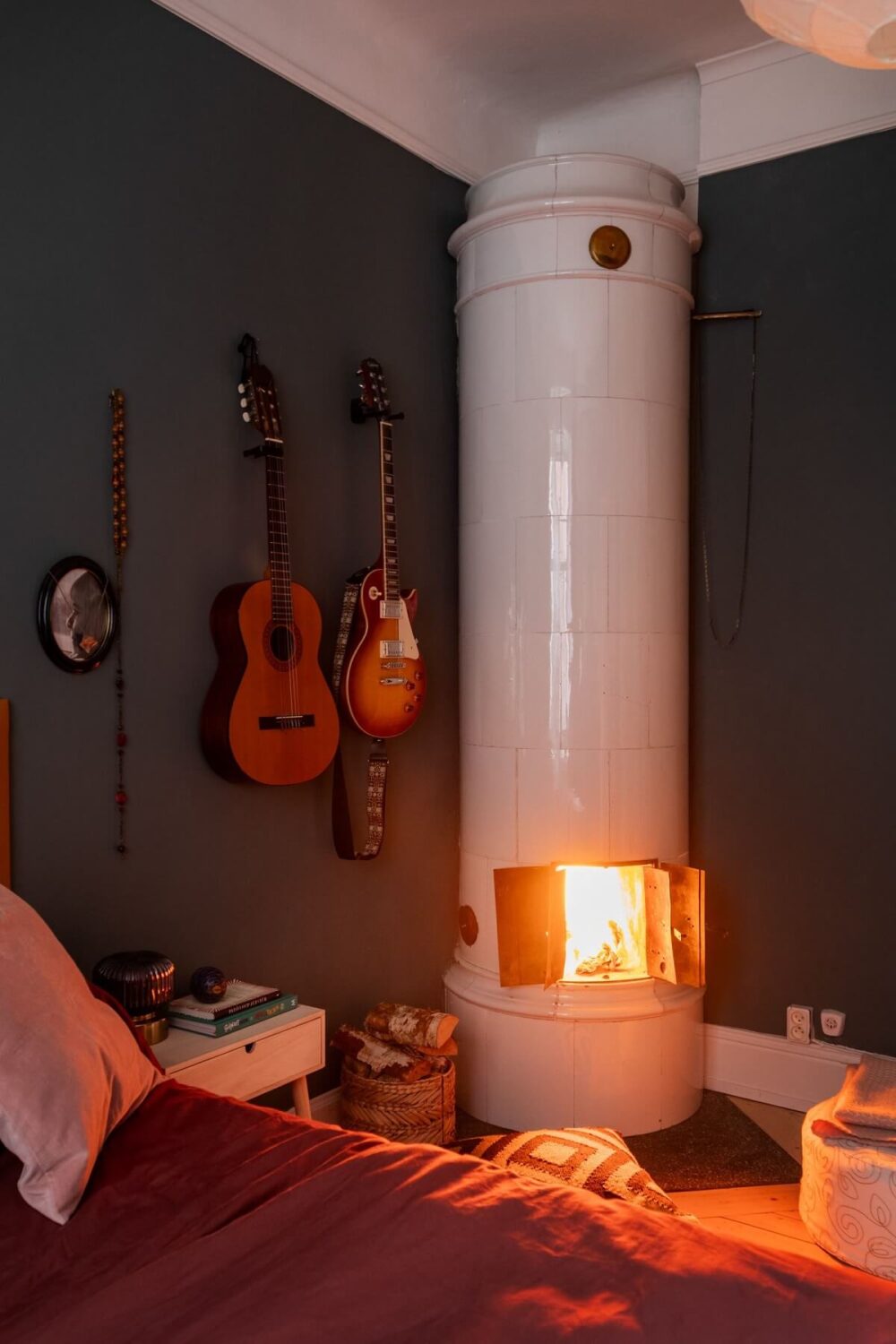 Period Details and Light Rooms in a Scandinavian Apartment 17 dark gray bedroom with fireplace