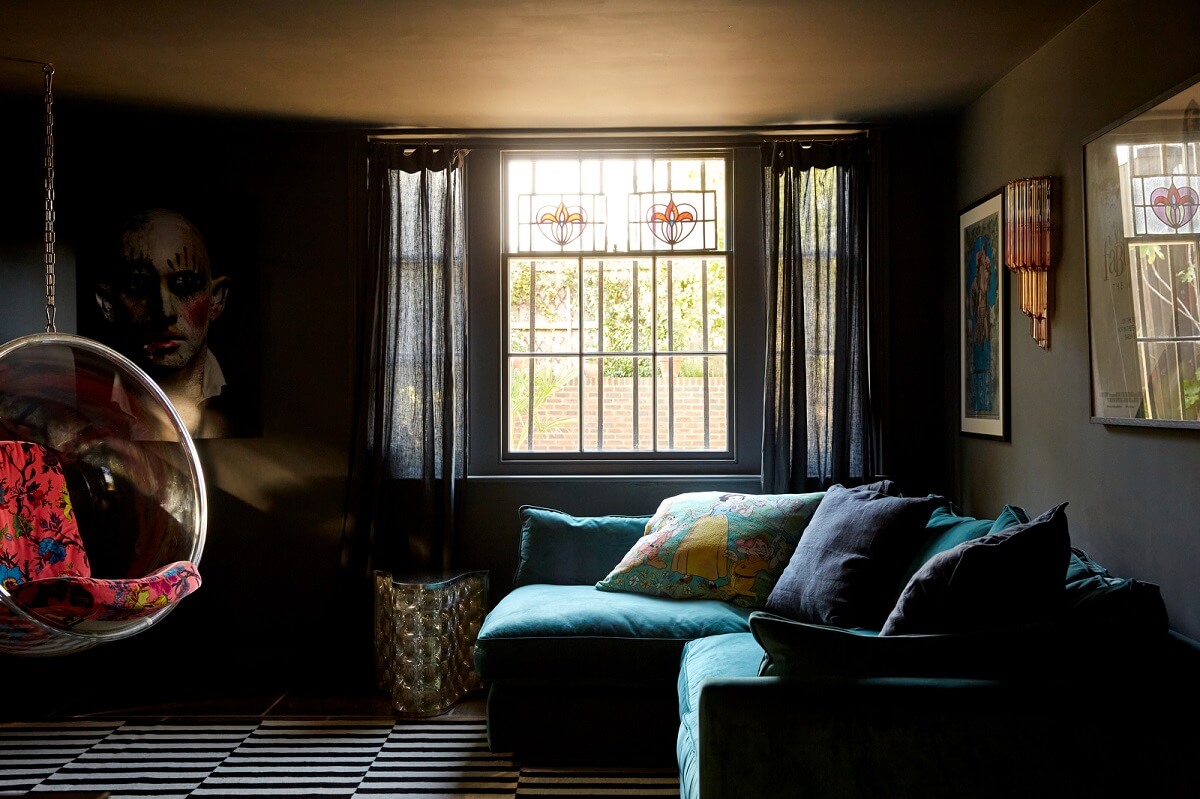 A Georgian House in England with a Ballroom 3 dark gray sitting room with hanging chair