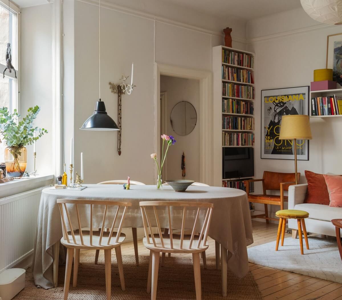 Period Details and Light Rooms in a Scandinavian Apartment 11 dining space open plan living room