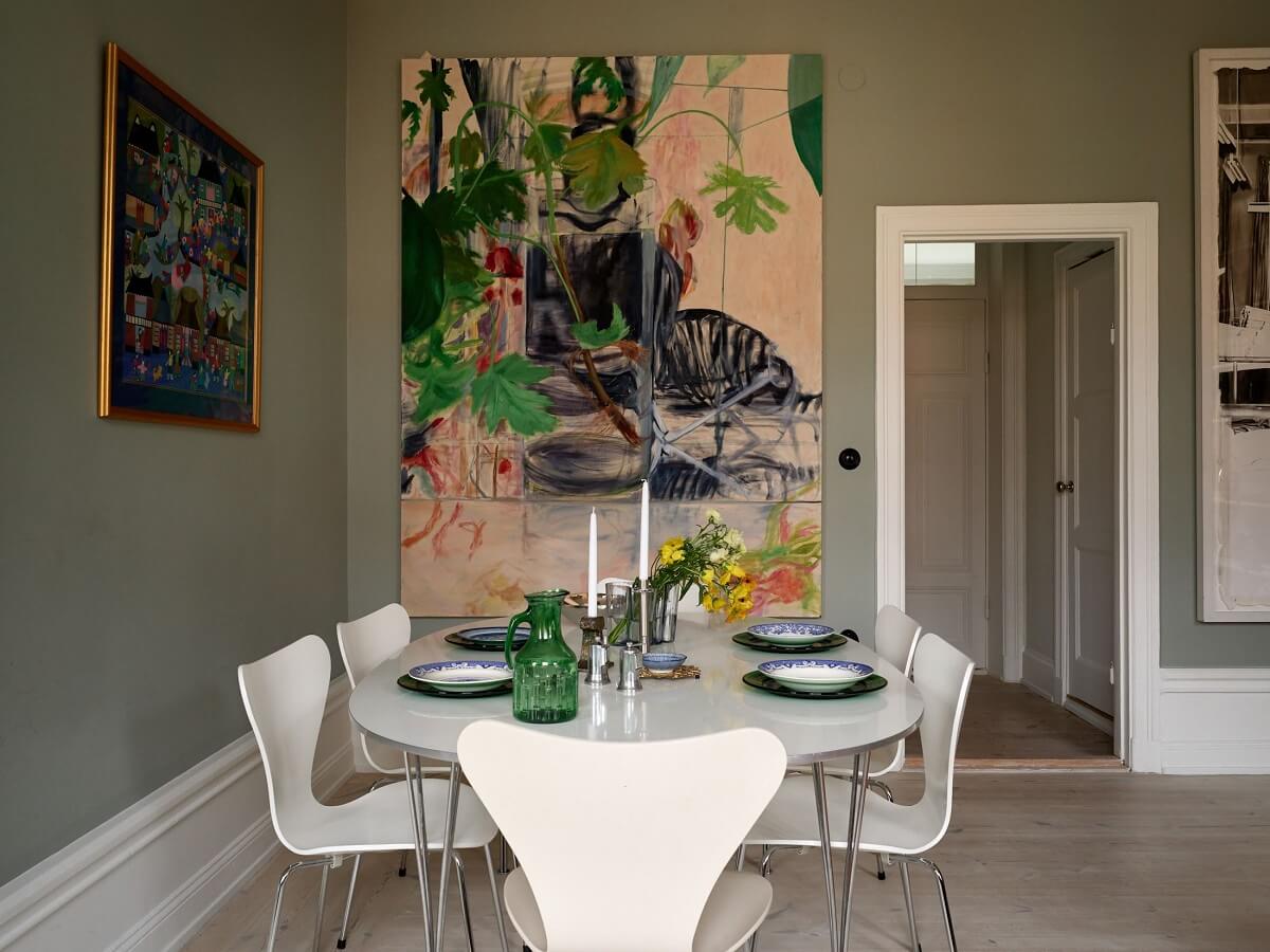 A Green Kitchen in a Gray Family Apartment 6 dining table in scandi living room