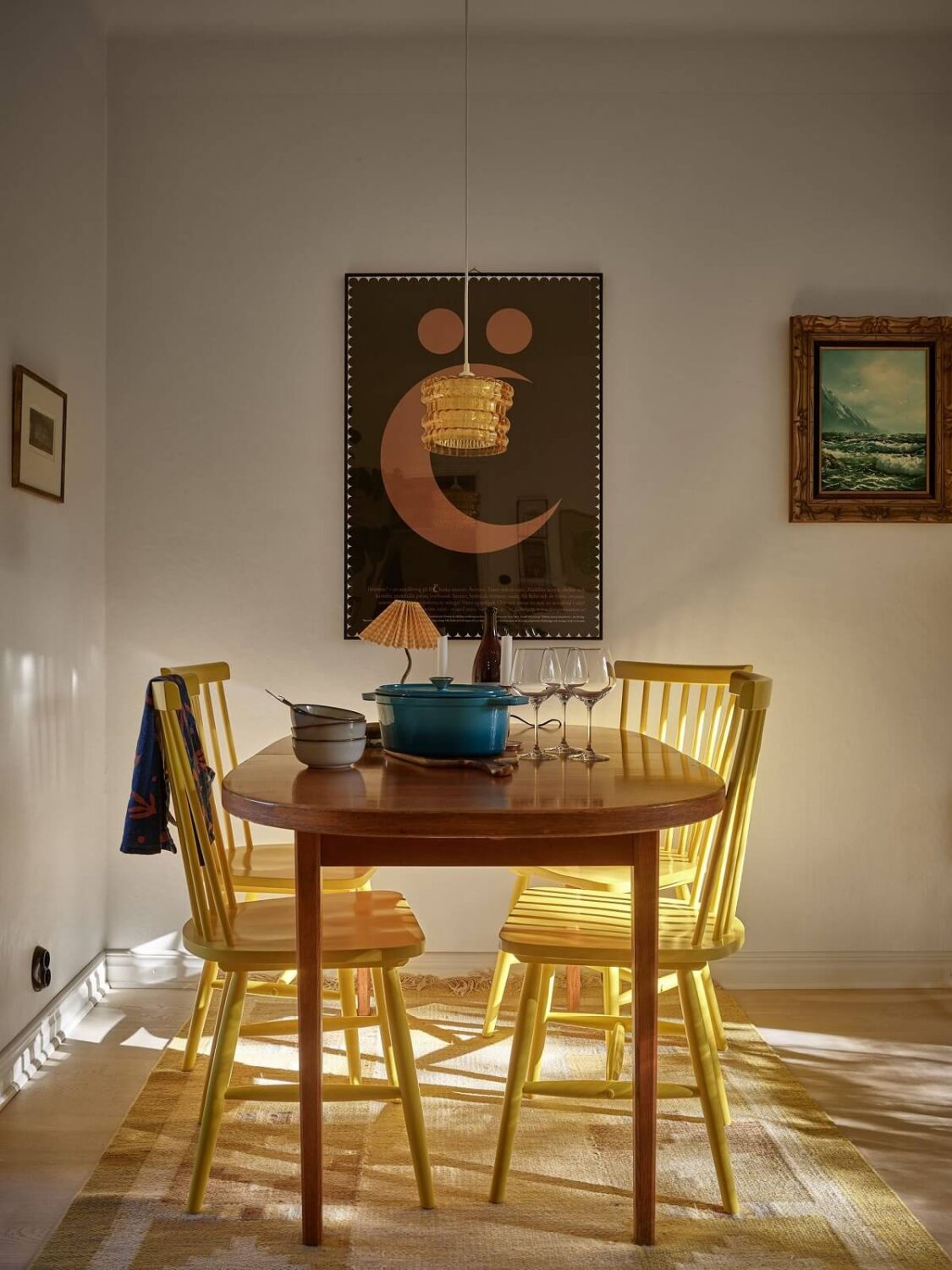 A Swedish Apartment with a Tiny Terracotta Brown Bedroom 9 dining table with yellow chairs