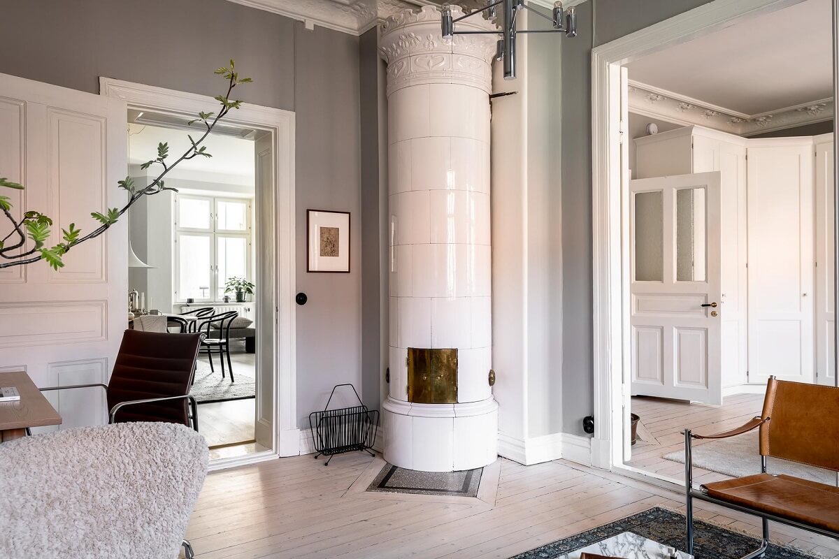 A Stylish Light Gray Swedish Apartment 14 fireplace