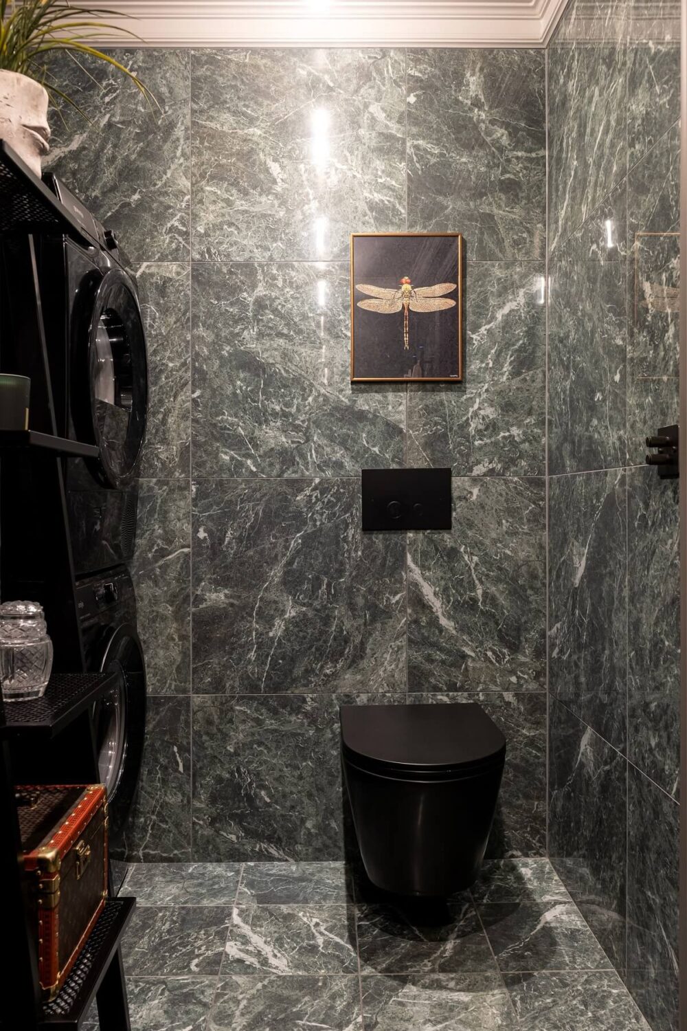 A Gray Apartment with an Industrial Glass Bedroom 20 gray bathroom with black toilet