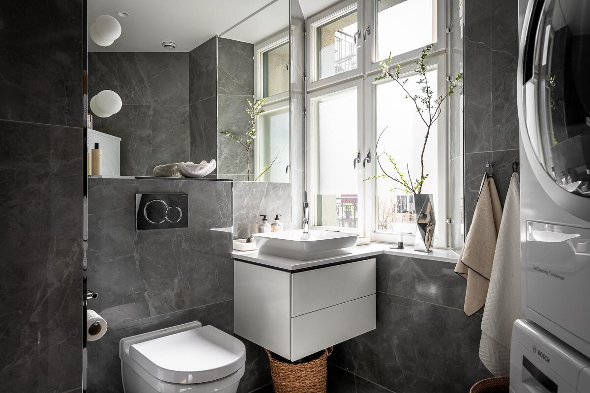 A Stylish Light Gray Swedish Apartment 19 gray bathroom