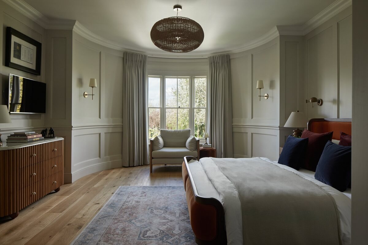 Historic Features and Modern Design in an English Regency Villa 14 gray bedroom with bay window