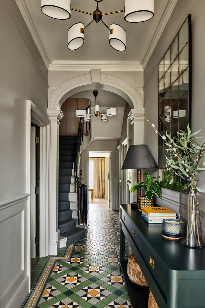 Historic Features and Modern Design in an English Regency Villa 13 gray hallway with colorful tiles