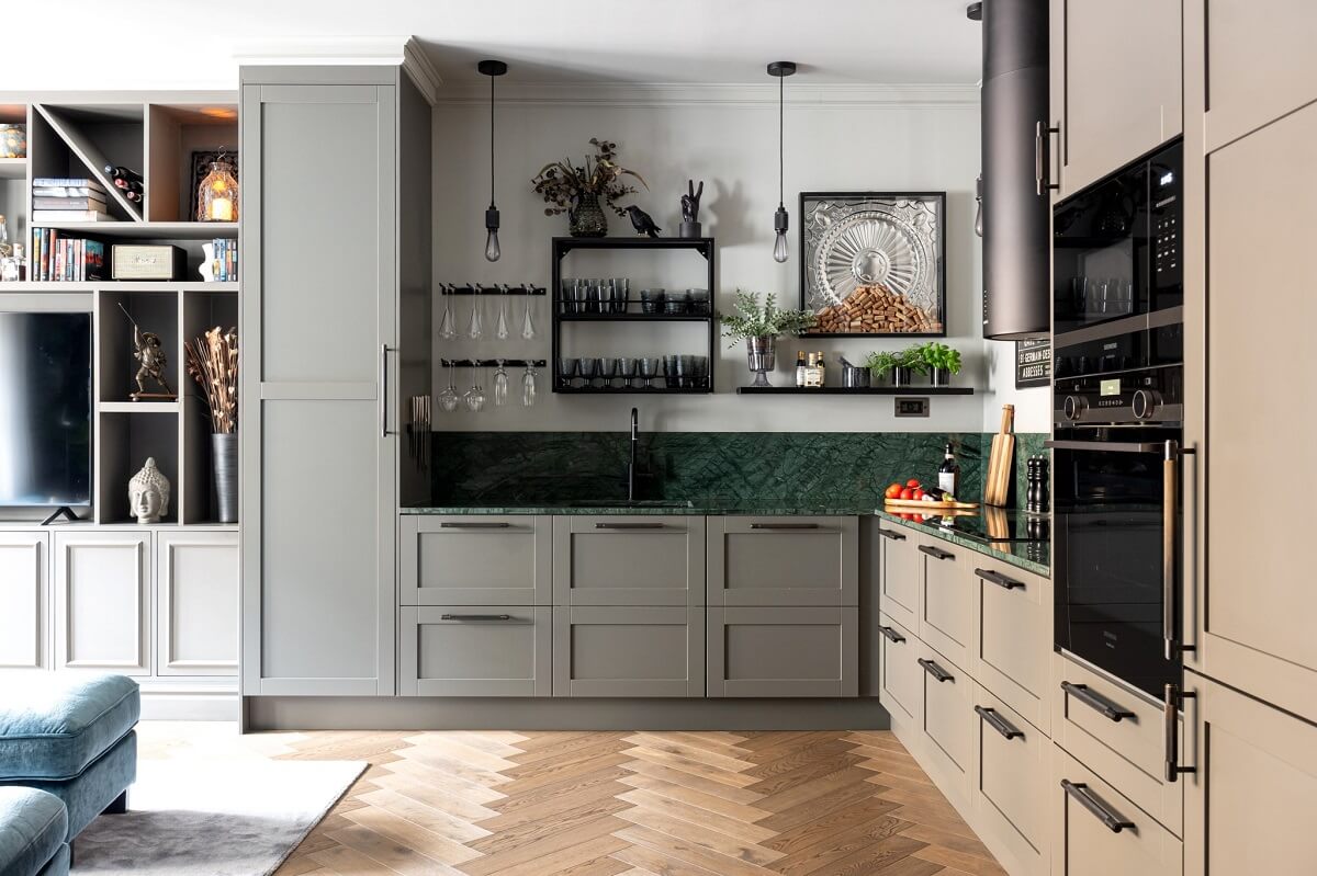 A Gray Apartment with an Industrial Glass Bedroom 6 gray kitchen with green tiles