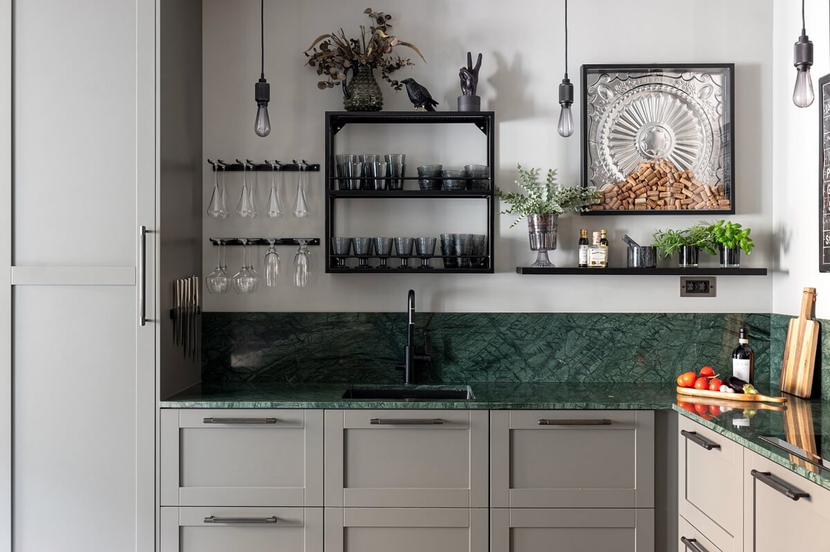 A Gray Apartment with an Industrial Glass Bedroom 9 green backsplash and shelves