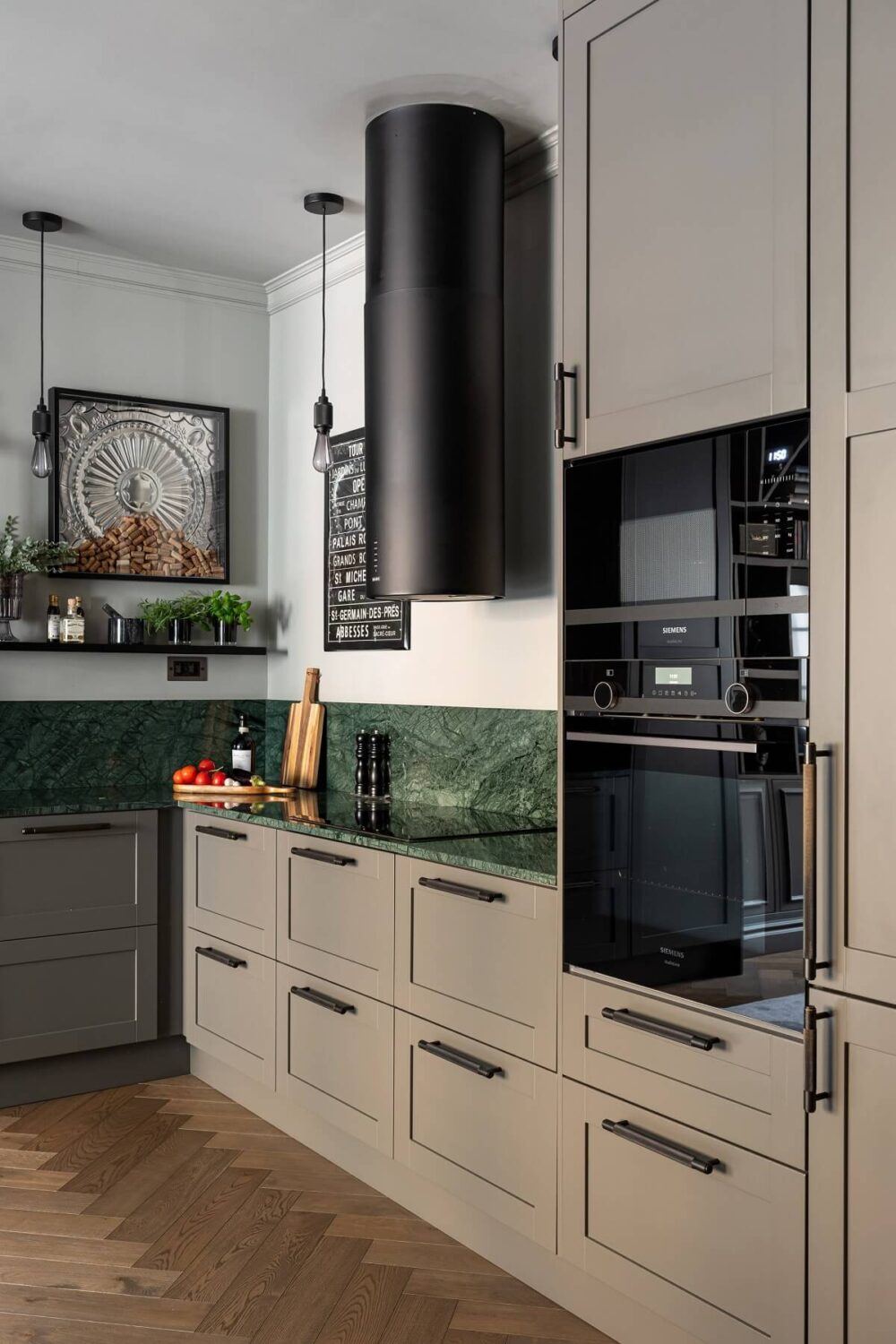 A Gray Apartment with an Industrial Glass Bedroom 8 green backsplash kitchen