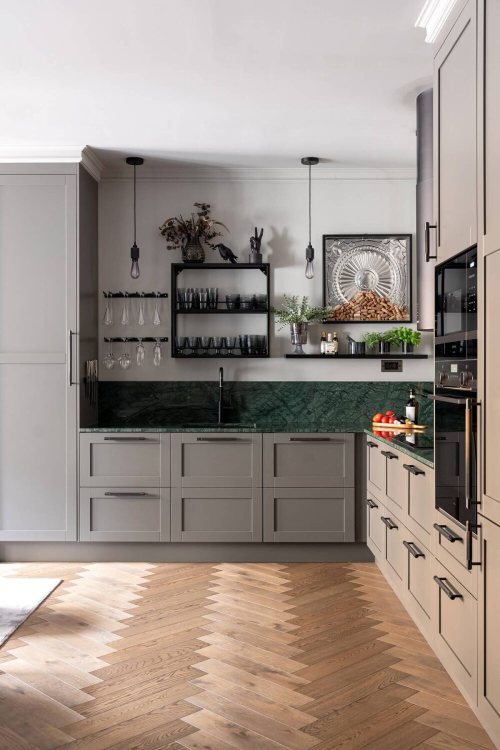 A Gray Apartment with an Industrial Glass Bedroom 7 green backsplash tiles and gray cabinets