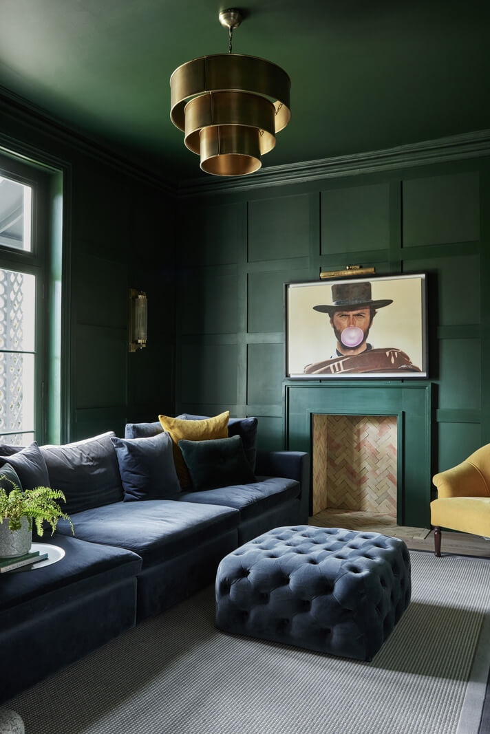 Historic Features and Modern Design in an English Regency Villa 3 green living room with blue sofa