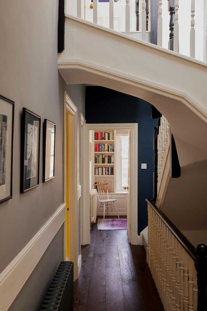 A London Maisonette with A Light Blue deVOL Kitchen 8 hallway with gray and blue walls