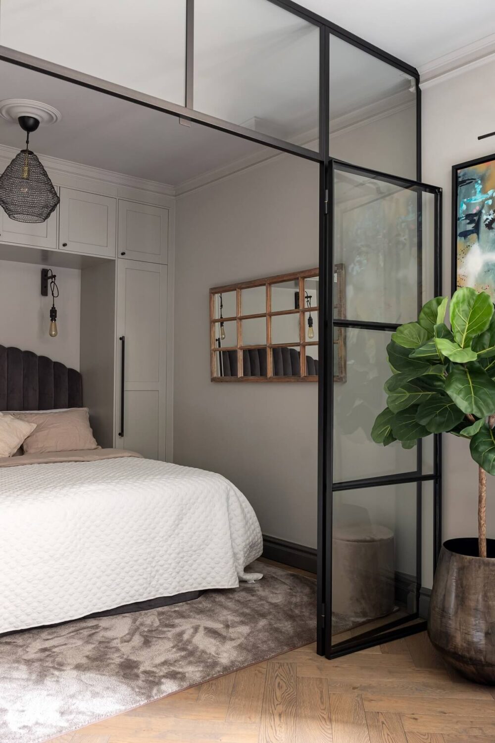 A Gray Apartment with an Industrial Glass Bedroom 12 industria glass doors to small bedroom