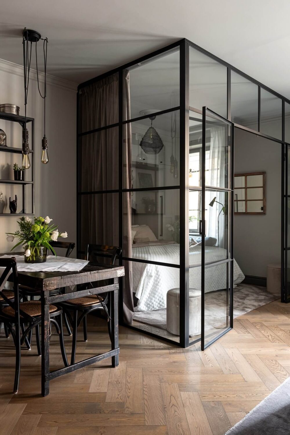 A Gray Apartment with an Industrial Glass Bedroom 16 industrial glass bedroom box