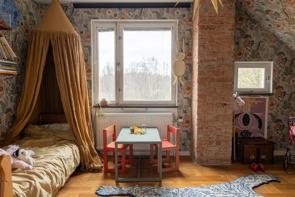 A Swedish Family House with Wall Murals and Art 16 kids bedroom with floral wallpaper