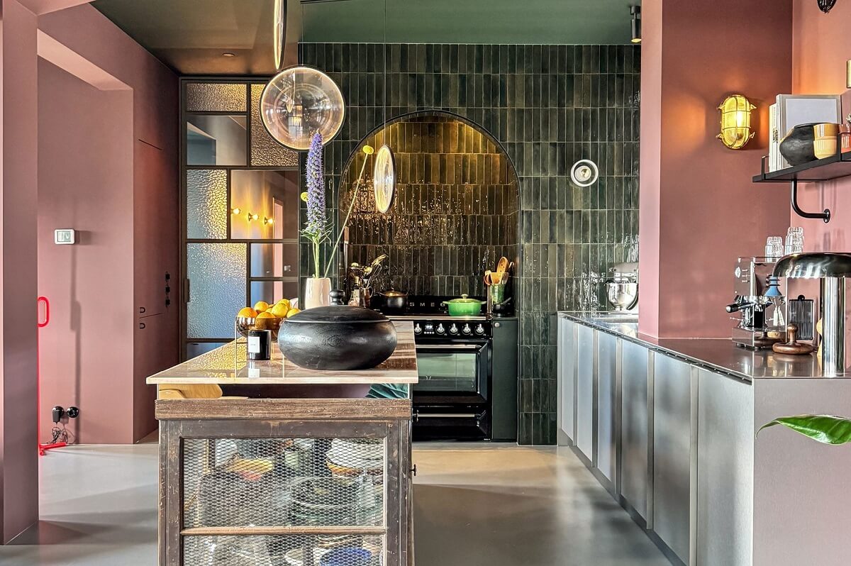 Color and Graphic Design in the Home of a Dutch Interior Stylist 10 kitchen with green tiles and pink walls