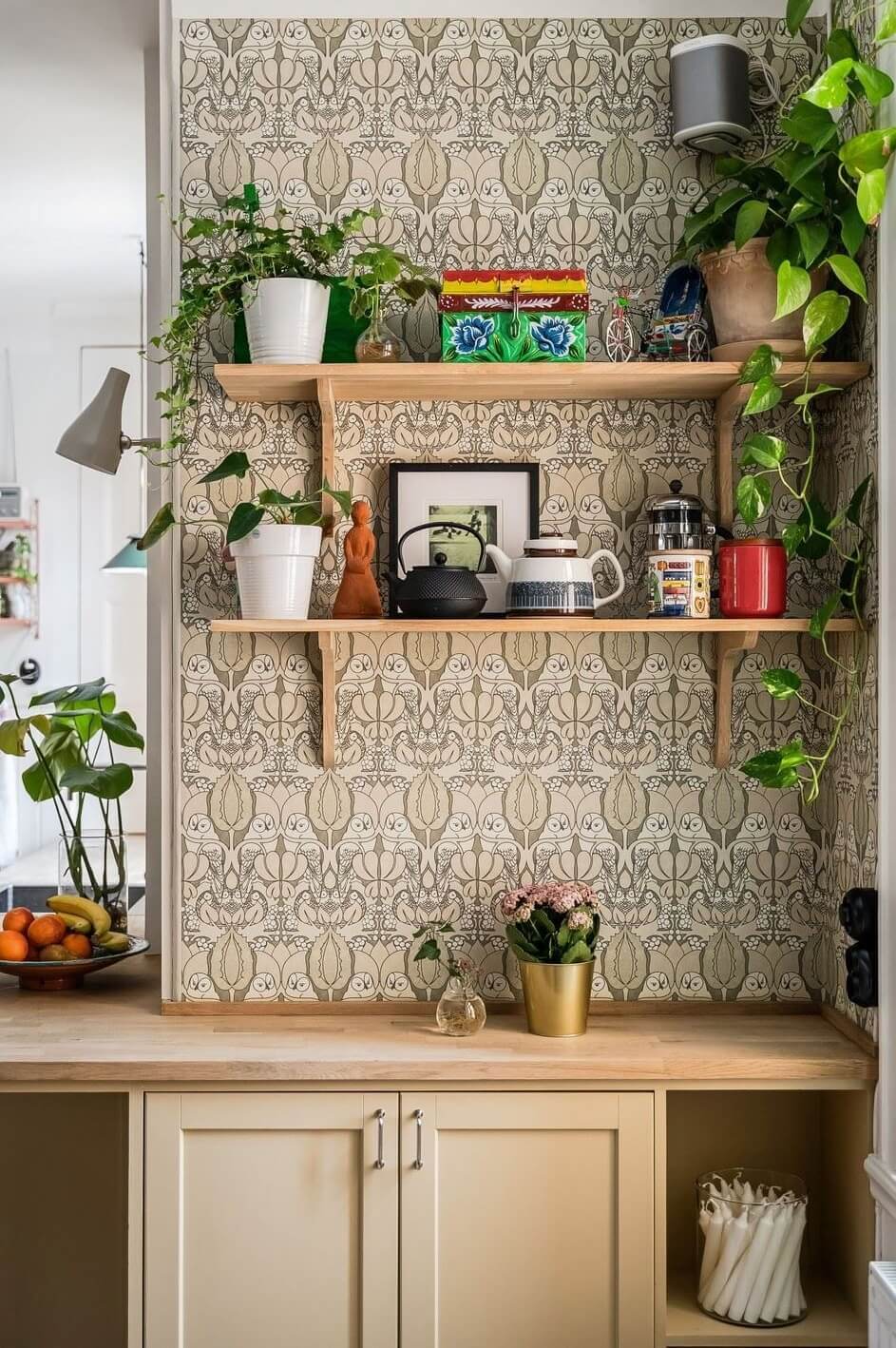 Yellow Kitchen Design Ideas (with Paint Colors) 24 kitchen with shelves and wallpaper
